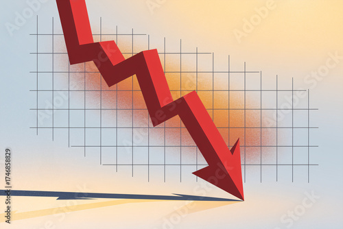 Red arrow crashing downward. Symbol of stock market collapse, financial crisis, and economic downturn