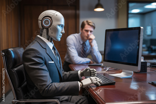 AI robot working on computer in office as human watches. AI replacing human labor concept