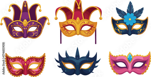 Masquerade masks flat illustration, jester carnival masks and ornate party masks, colorful costume accessory design, festive celebration decorative drawing