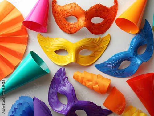 16. Party horns and masks in bright colors on a white surface