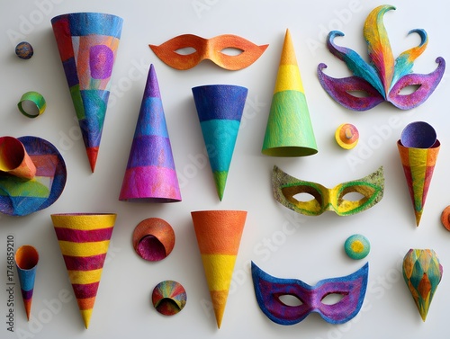 16. Party horns and masks in bright colors on a white surface