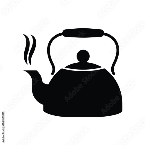 Black silhouette displays a steaming kettle with a curved handle and spout on white background