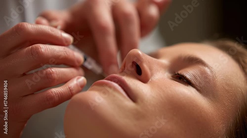 Close-Up Shot of a Woman Undergoing Rhinoplasty Procedure with Medical Injection