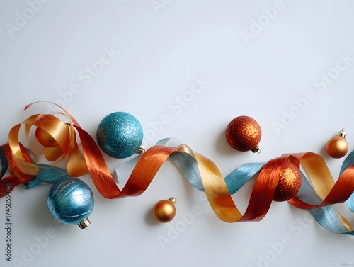 18. Festive ribbon curls and baubles on a white surface