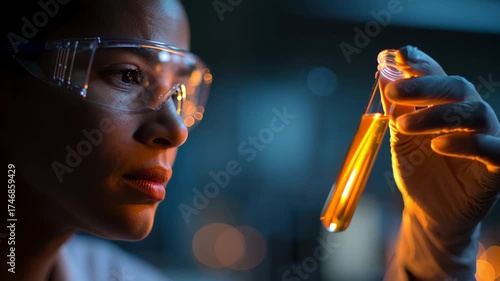 Close Up Shot of an African American Female Scientist Analyzing a Test Tube in a Laboratory