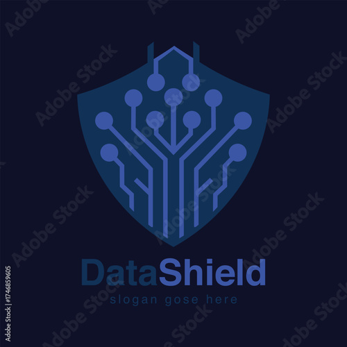 DataShield Digital Security Shield Logo with Modern Blue Tech Circuit Protection Icon