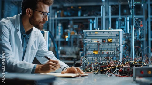 Engineer in White Lab Coat Writing Notes While Working on Electronics in a Modern Laboratory