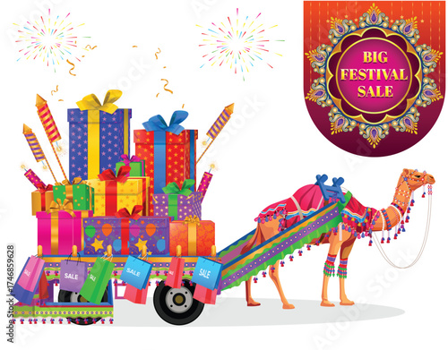 Big Festival Sale, Big Indian Festival Sale with Camel Carrying Gifts and Products, Indian Festival Sale and Celebration Illustration, 