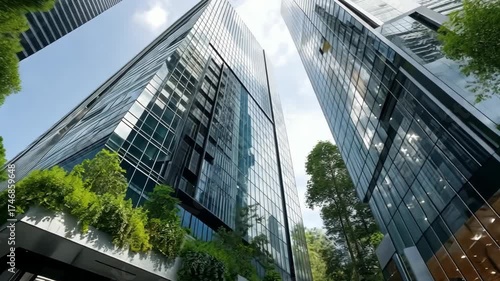 Modern architecture showcases glass buildings surrounded by greenery in an urban setting