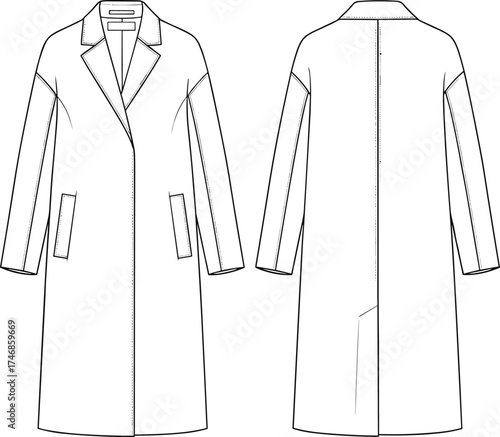 Men’s overcoat flat sketch, front and back view, single breasted coat design, fashion apparel illustration, garment construction technical drawing template