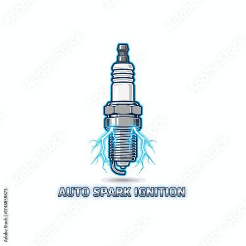 Glowing spark plug emitting electric blue lightning on white background.