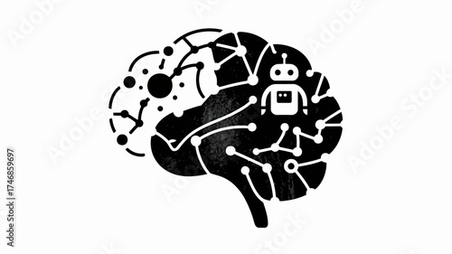 Black and white illustration of a brain with a robot and connected dots inside it design