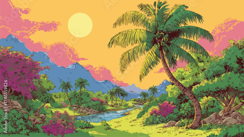 Majestic Palm Tree Illustration in Lush Setting for Tropical Vibes