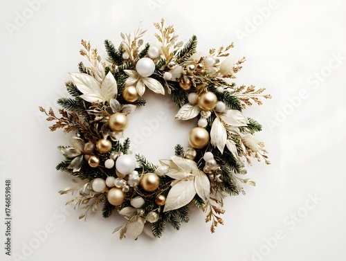 20. A simple festive wreath with metallic touches on white background