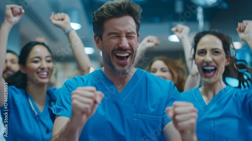 Group of Medical Professionals Celebrating Success Together with Joyful Expressions and Gestures