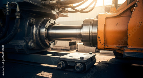 Macro cinematic dolly shot emphasizing excavator hydraulic piston under dynamic operation, highlighting reflections, oil fluidity, and precise engineering in cinematic style.
