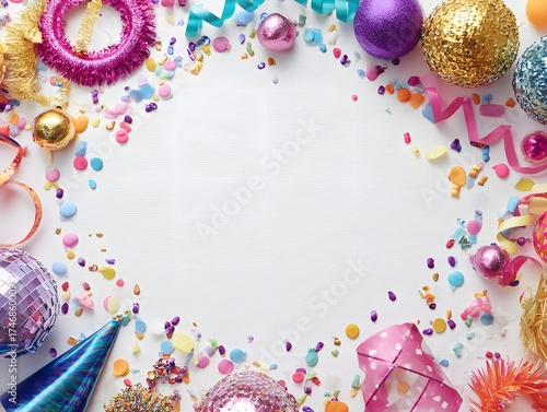 22. Bright party accessories arranged around empty space on a white surface