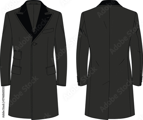 Men’s overcoat flat sketch, front and back view, single breasted coat design, fashion apparel illustration, garment construction technical drawing