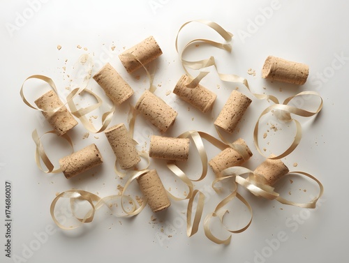 23. Champagne corks and ribbons scattered aesthetically on white background