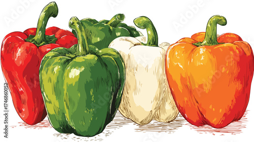 Vibrant Bell Peppers Illustration in Red and Green for Culinary Designs