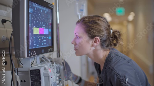 Nurse Interacting With Advanced Digital Monitor In Hospital Corridor During Patient Care