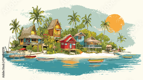 Tropical Island Paradise Illustration with Vibrant Colors