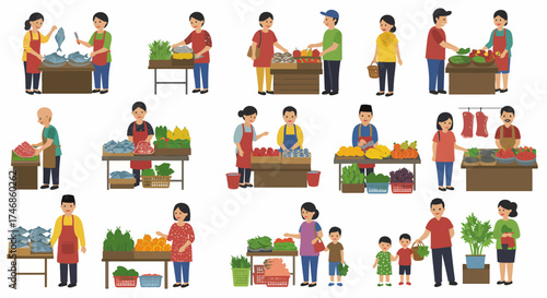 Vector illustration of various vendors and customers at an openair market selling fish meat and produce