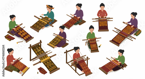 Women weaving patterned textiles on traditional looms in various isometric views