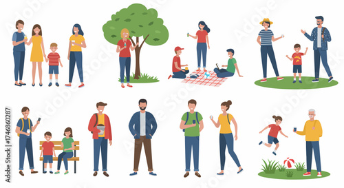 Various groups of stylized people interacting outdoors in park settings
