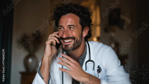 Portrait of a Smiling Doctor Engaged in a Phone Conversation at Home Setting