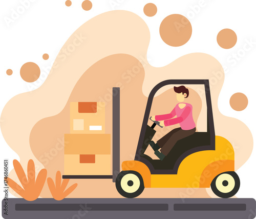 Worker driving forklift carrying stacked boxes illustration