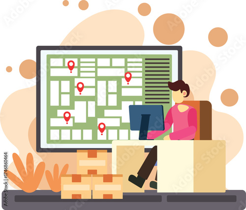 Logistics management and delivery tracking system illustration