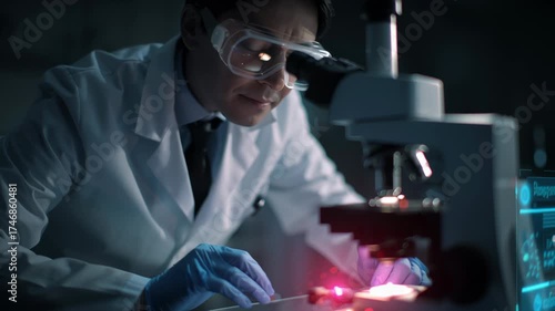 Scientist Using Advanced Microscope with Holographic Display in Modern Laboratory