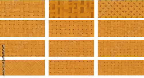 Twelve rectangular panels displaying various light brown woven wood and parquet floor textures