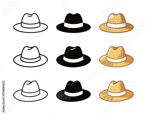 Straw Fedora Hat Icon Set - Outline, Solid Black, and Flat Style for Summer and Travel Fashion