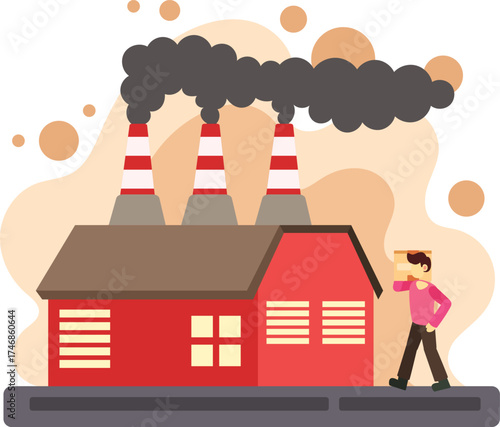 Industrial factory building with smoke illustration