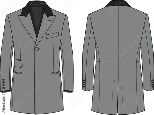 Men’s overcoat flat sketch, front and back view, tailored coat design, fashion apparel illustration, garment construction technical drawing template