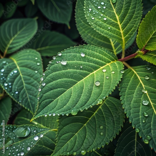 Stunning water droplets glistening on vibrant green leaves, perfect for conveying freshness, nature, and serenity in wellness or beauty campaigns