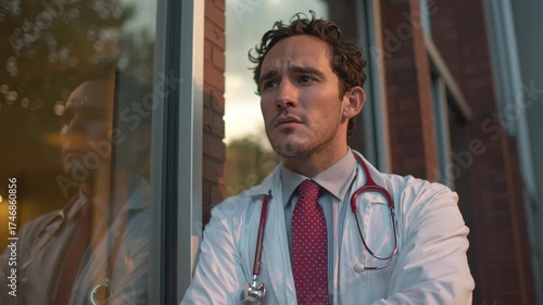 Young Male Doctor Standing Thoughtfully Outside Modern Hospital at Sunset with Reflection