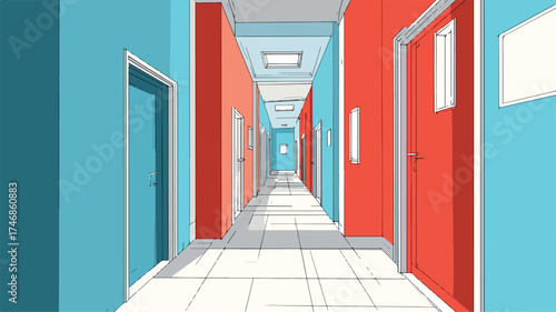Sleek Modern Architectural Corridor with Blue Teal Walls and Red Door