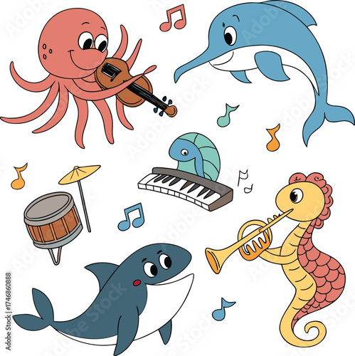 Funny Underwater Animal Band Vector Bundle | Cartoon Sea Creatures Playing Music