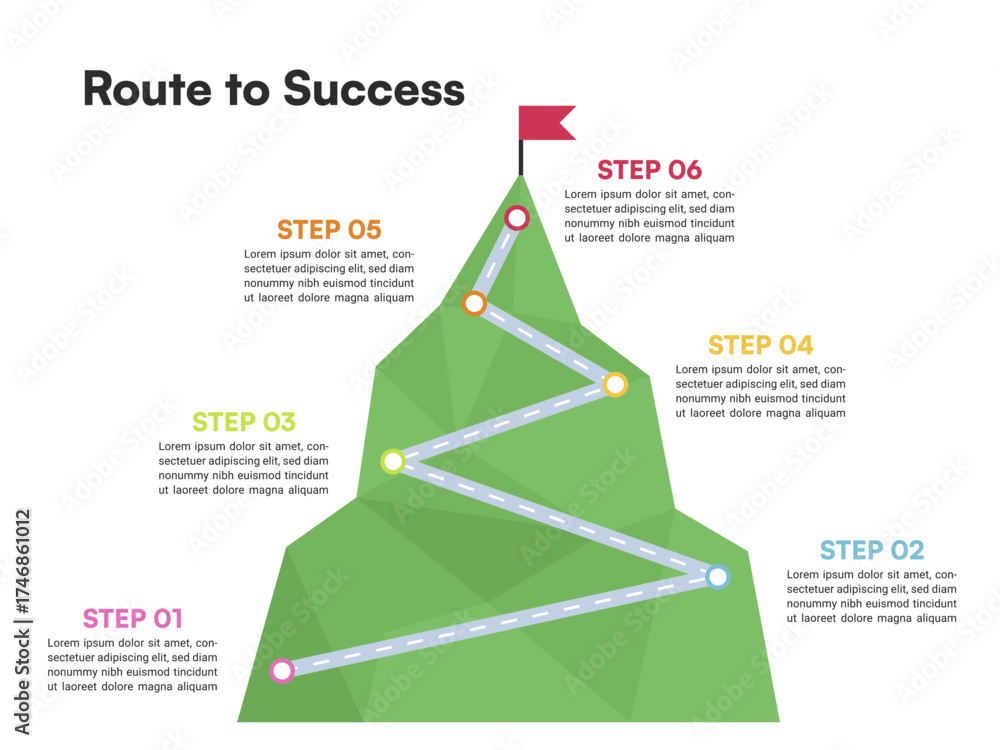 Fototapeta premium Route to Success Infographic Mountain Path with Step Markers and Red Flag