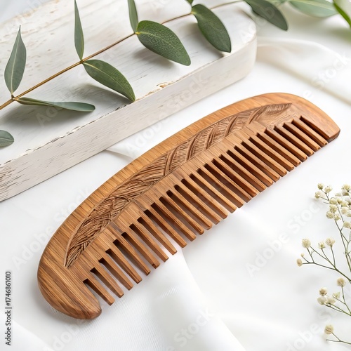 Discover natural beauty with this handcrafted wooden comb, featuring an elegant feather carving for gentle hair care and a touch of artisanal charm.