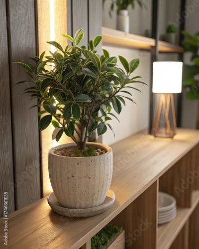 Indoor plant adds a touch of green to a modern shelf, perfect for home decor inspiration and creating a calming atmosphere in your stylish living space