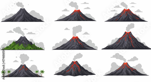 Nine volcano illustrations showing different states of activity and surroundings