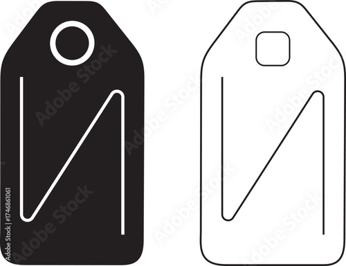 Two simple stylized tags one solid black and one outlined in white for design and labeling purposes