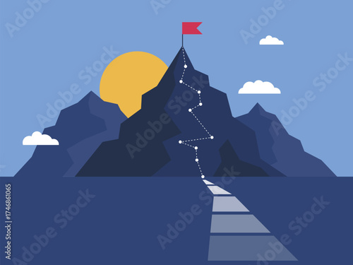 Mountain Path Toward Red Flag Summit Under Sunrise Symbolizing Success