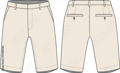 Men’s shorts flat sketch, front and back view, cuffed tailored design, fashion apparel illustration, garment construction technical drawing template