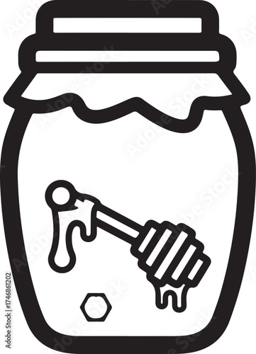 Vector art of a jar of honey with a dipper inside, symbolizing sweetness and natural goodness, perfect for adding a touch of honey to your favorite treats on