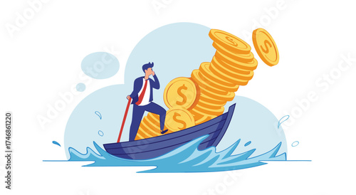 Businessman struggling to balance finances on a sinking boat.

